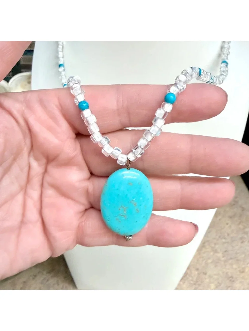 Hand Crafted Turquoise Pendant Beaded Necklace Boho Beachy
